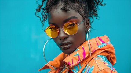 A woman wearing a yellow and orange outfit with a pair of hoop earrings - obrazy, fototapety, plakaty