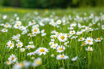Beautiful daisy field in a lush green mountain landscape. with soft blur and light. Generative AI