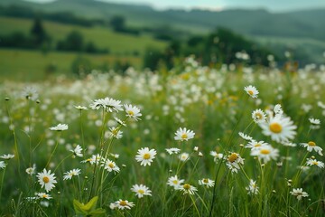 Beautiful daisy field in a lush green mountain landscape. with soft blur and light. Generative AI