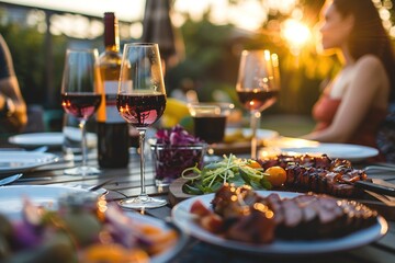 Elegant Table Setting with Gourmet Food and Wine, Soft Sunset Lighting, and Shallow Depth of Field &ndash; Warm Ambiance for Celebration, Luxury Dining, and Social Gathering. Generative AI