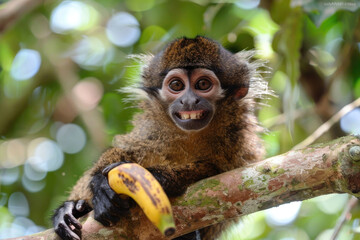 A hilarious close-up of a mischievous monkey with a playful grin