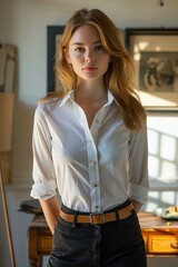 A woman in a white shirt and black pants is standing in front of a wooden desk