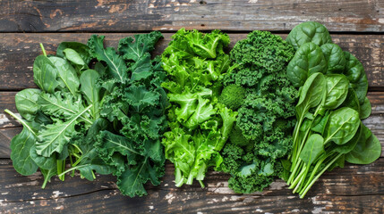A collection of assorted green vegetables neatly arranged on a rustic wooden table.