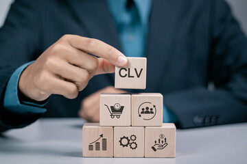 CLV, Customer lifetime value concept. Increasing CLV marketing strategy planning, Businessman...
