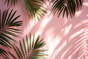 Tropical Green Palm Leaves Casting Shadows on Pink Background &ndash; Minimalist Summer Concept for Beauty, Wellness, and Modern Design. Generative AI
