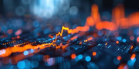 a chart showing an uptrend,A chart of the financial stock market with trend lines, a chart in blue with orange and red lines and arrows,