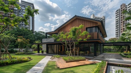 A rustic farmhouse stands a sleek contemporary apartment buildings providing a visual representation of the clash between the simple life and rapid urbanization.
