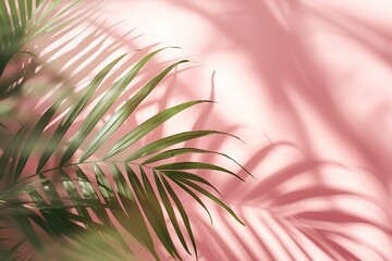 Tropical Green Palm Leaves Casting Shadows on Pink Background &ndash; Minimalist Summer Concept for Beauty, Wellness, and Modern Design. Generative AI
