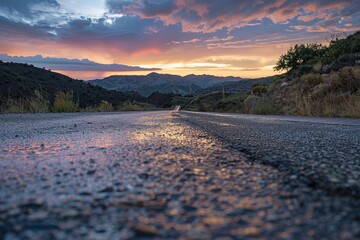 Scenic Road Leading into Sunset with Mountain Range in Background &ndash; Dramatic Landscape Photography Symbolizing Journey, Freedom, and Adventure. Generative AI
