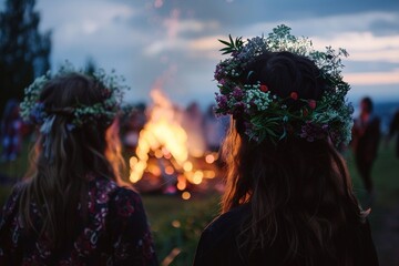 Midsummer night celebration. Summer solstice holiday ritual. Girls and women dressed in dresses and flower crowns looking at midsummer bonfire in lush green rural landscape. Generative AI