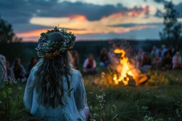 Midsummer night celebration. Summer solstice holiday ritual. Girls and women dressed in dresses and flower crowns looking at midsummer bonfire in lush green rural landscape. Generative AI