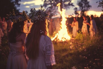 Midsummer night celebration. Summer solstice holiday ritual. Girls and women dressed in dresses and flower crowns looking at midsummer bonfire in lush green rural landscape. Generative AI