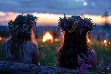 Midsummer night celebration. Summer solstice holiday ritual. Girls and women dressed in dresses and flower crowns looking at midsummer bonfire in lush green rural landscape. Generative AI