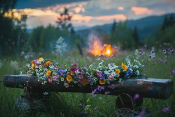 Midsummer night celebration. Wooden log with flower crown and fire in lush green rural landscape.. Generative AI