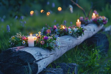 Midsummer night celebration. Wooden log with flower crown and fire in lush green rural landscape.. Generative AI