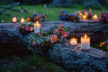 Midsummer night celebration. Wooden log with flower crown and fire in lush green rural landscape.. Generative AI