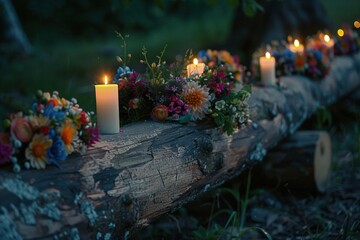 Midsummer night celebration. Wooden log with flower crown and fire in lush green rural landscape.. Generative AI