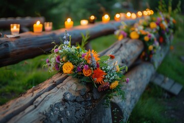 Midsummer night celebration. Wooden log with flower crown and fire in lush green rural landscape.. Generative AI