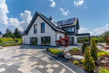 Suburban modern home with solar panels eco friendly house in lush environtment. Generative AI