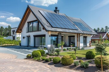 Suburban modern home with solar panels eco friendly house in lush environtment. Generative AI