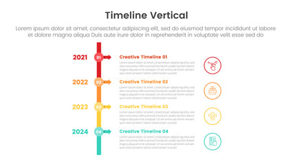 vertical timeline milestone infographic template banner with small circle line connection and arrow with 4 point list information for slide presentation - obrazy, fototapety, plakaty