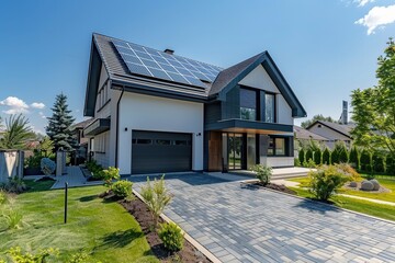 Suburban modern home with solar panels eco friendly house in lush environtment. Generative AI