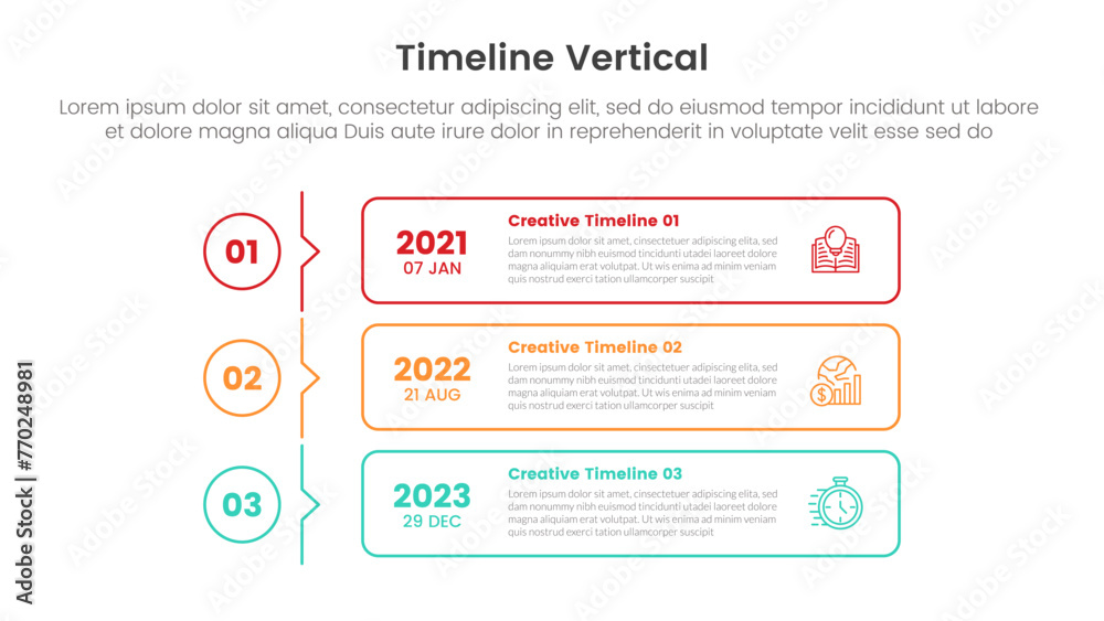 Poster vertical timeline milestone infographic template banner with outline box and circle with arrow thin 