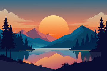 lake scene with sunset vector illustration