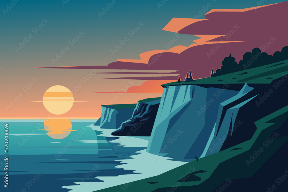 Wall mural illustration of sea with sunset - Wall murals
