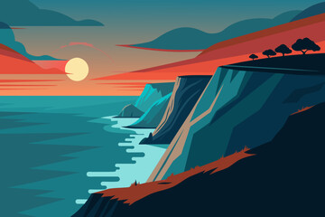 illustration of sea with sunset