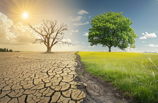 A striking visual metaphor of the environmental impact, with one side showing dry cracked land and an empty tree without leaves on it and the other half a green grassy field with trees full of life