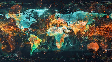 A map of the world featuring countries and continents in shades of orange and green. - obrazy, fototapety, plakaty