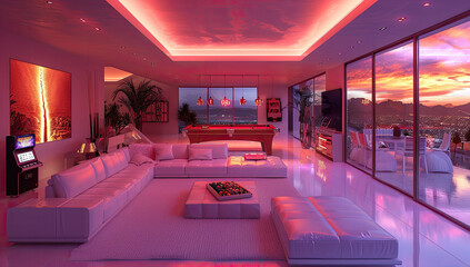 futuristic living room in the snow, white and pink colors, neon lights, curved walls, futuristic furniture with red details. Created with Ai - obrazy, fototapety, plakaty