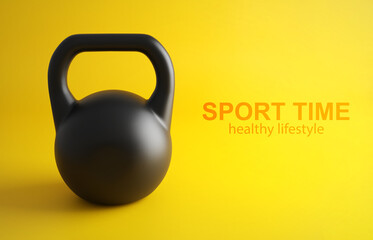 Heavy sports kettlebell on yellow background. 3d-rendering