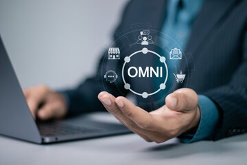 Omni Channel marketing concept. Digital online marketing. Businessman use laptop with omni channel...