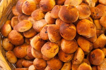 Photograph of artisan bread at a local fair in Peru. Concept of food and culture.