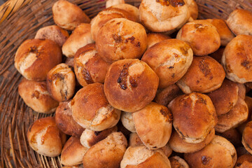 Photograph of artisan bread at a local fair in Peru. Concept of food and culture.