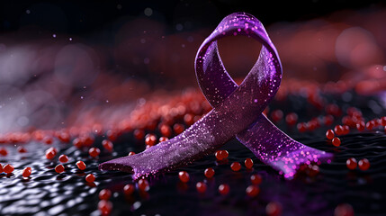 October Breast Cancer Awareness month, A purple Ribbon for supporting people living and illness. Healthcare, International Women day and World cancer day concept. Generative Ai - obrazy, fototapety, plakaty