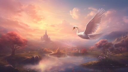 A duck with majestic wings soaring above the landscape object