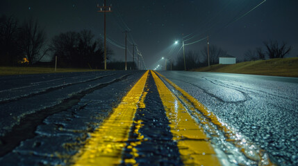 On an empty stretch of highway the lunar glow illuminates the faded yellow lines on the asphalt as it stretches on into the quiet . . - obrazy, fototapety, plakaty