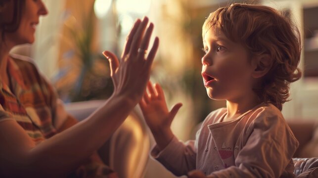Toddler with curly hair playing a clapping game with an adult in a warm, sunlit room. a young deaf child learning sign language from their parent at home
