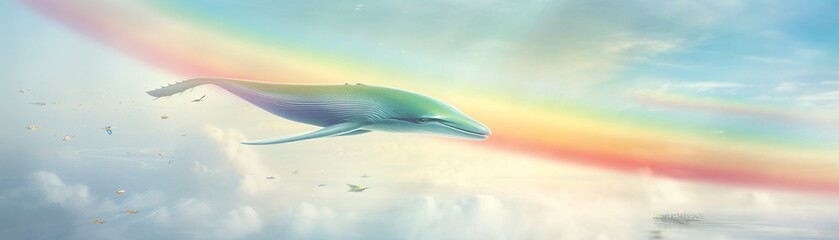 Whales leap among clouds rainbows arching through their misty spouts