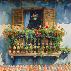 Watercolor vintage cute village house