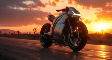 Fototapeta premium a futuristic motorcycle is parked on the side of the road