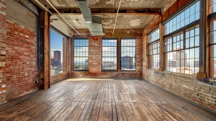 Fotobehang A dilapidated warehouse now repurposed into trendy loft apartments serves as a stark contrast to the sleek highrises dotting the cityscape. The preserved brick walls and rusted © Justlight