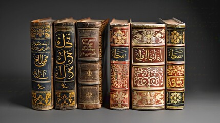 Capture the essence of cultural exchange through language by designing an image of two books, each displaying a unique script on the spine  - obrazy, fototapety, plakaty