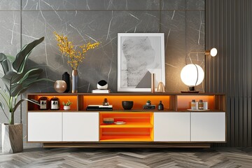 white and orange modern wooden buffet with rack and drawer 