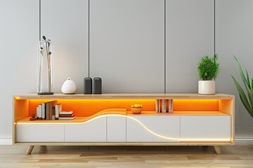 white and orange modern wooden buffet with rack and drawer 