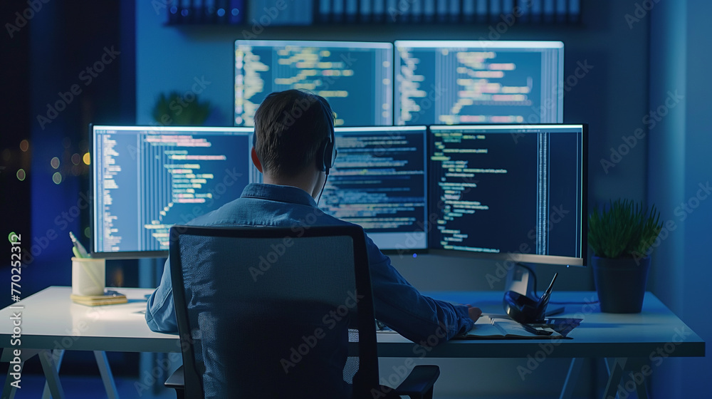 Poster software engineer working on computer
