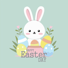 Happy Easter illustration with Easter eggs and bunnies, greeting card. Vector illustration
